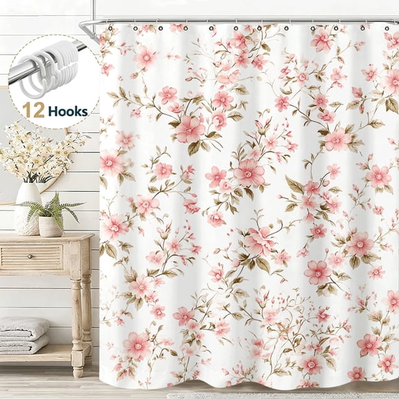 Watercolor Flower Fabric Farmhouse Pink Floral Shower Curtain, Elegant Exquisite Shower Curtain Set for Bathroom, Waterproof Cloth Fabric Shower Curtain with Hooks, 36*72in