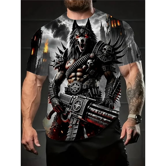 Men'S Gothic Viking T-Shirt Designed with a Full-Body Flame Armor Motif, Showcasing Prints of a Wolf Head And Wolf Pc. It Has a Round Neckline And Short Sleeves, Is Machine Washable, Plus Size