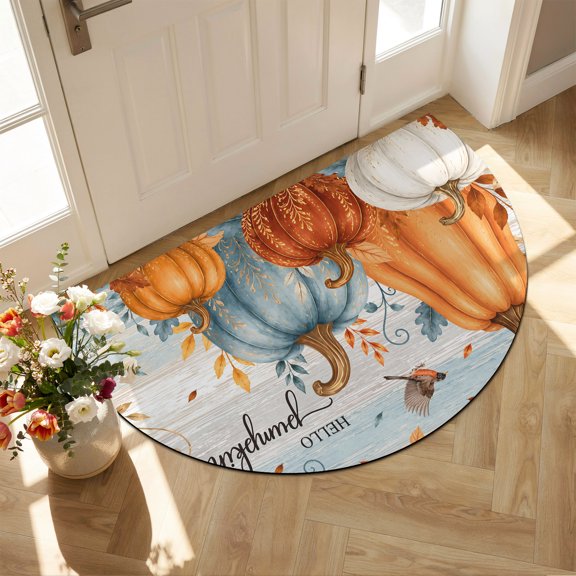 Hello Pumpkin Diatomaceous Earth Bath Mat, Country Fall Leaf Orange Blue Pumpkins Bird Half Round Non-Slip Quick Dry Door Mat Super Absorbent Bath Rug for Bathroom Kitchen Laundry 16x24in