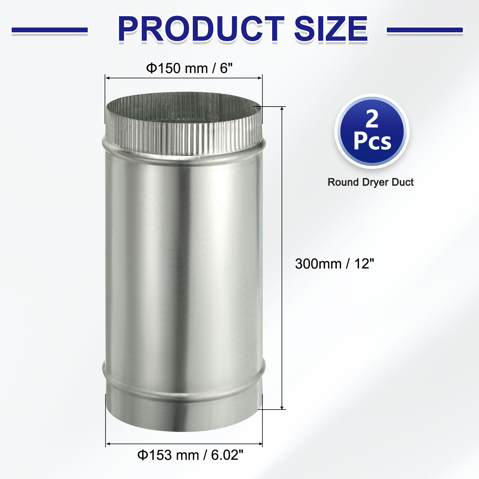 Uxcell 6 x 12 Inch Round Dryer Duct, 2PCS Galvanized Steel Crimped Straight Air Vent Duct Extension Coupler Pipe Adapter Connector for HVAC Dryer Hood Ventilation Chimney, Silver