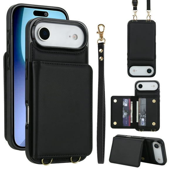 Allytechgroup Wallet Case for iPhone Air, Built-in Card Holder & Shoulder Strap & Wrist Strap Slim Shockproof Protective Full Body Cover Bumper for iPhone Air Women Men, Black