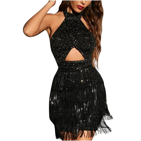 

fartey Sequin Dress for Women Halterneck Sleeveless Mini Dress Sexy Fringe Cocktail Evening Party Prom Dress Club Date Night Bodycon Sparkly Dress