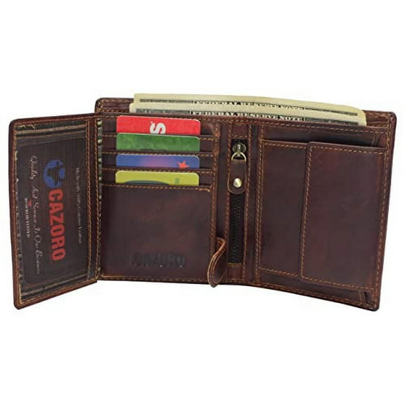 Large RFID Genuine Vintage Leather Card Holder Bifold Trifold Wallet Snap Closure 2 ID Windows for Men