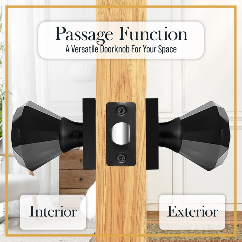 Balin Designs Black Crystal Door Knob, Glass Door Knobs Interior Non-Locking Set, Square Antique Decorative Vintage Style for Hallway, Closet, Passage Doors, 1 Pack