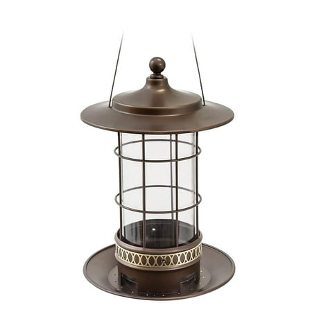 (82 Bird Feeder with 2.5 lb Bird Seed Capacity, Copper Finish Trellis Lantern-Style Bird Feeder, Brushed silver metal and blue tile mosaic detail. By More Birds