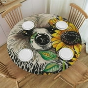 WXKJ Vintage Sunflower Sloth Round Fitted Tablecloth with Elastic Protector Table Cloth Kitchen Dinner Waterproof Oil-Proof Table Covers White