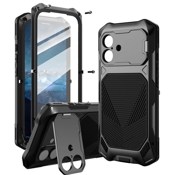 eBizWare for iPhone 17 Case Metal Heavy Duty Phone Case Built-in Screen Protector Full Body Protective Dust Proof Military - Grade Rugged (Black)