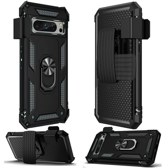 Designed for Google Pixel 9 Pro XL (6.8") Belt Clip Holster Ring Stand Holder, Military Grade Fit Magnetic Car Mount Shockproof Hybrid Phone Case Cover [Black]