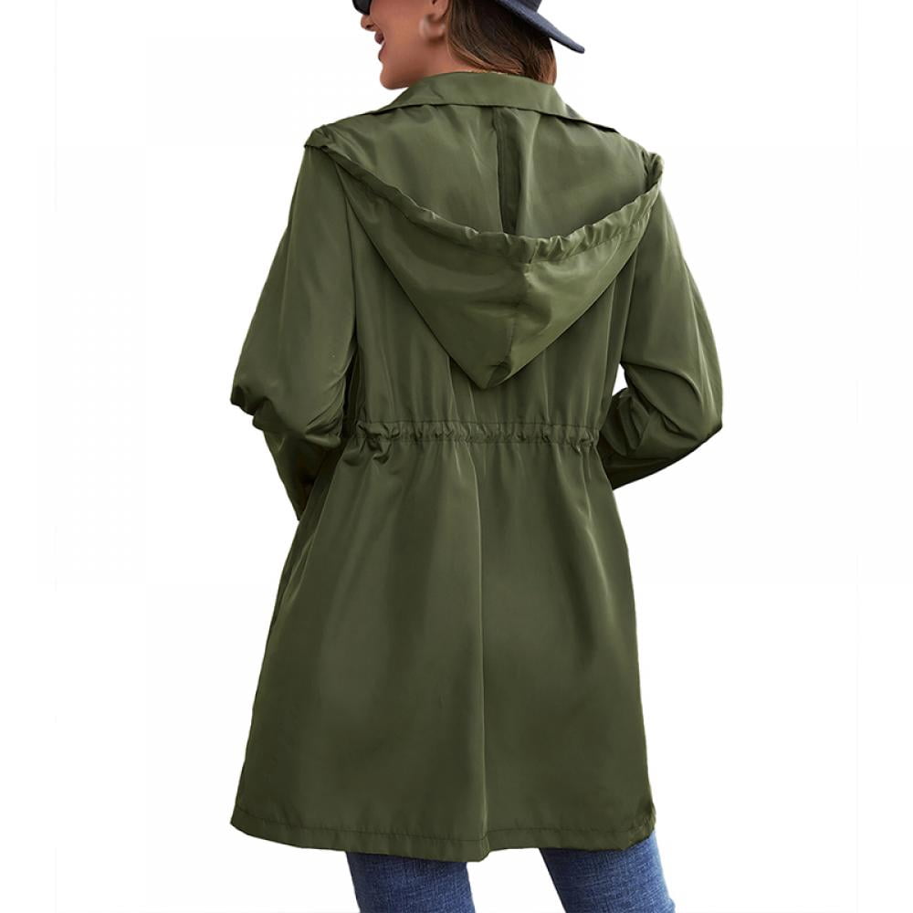 JANDEL.us Womens Long Raincoat Outwear Spring Fall Drawstring Waist Hooded Jacket, Women's, Size: Large, Green