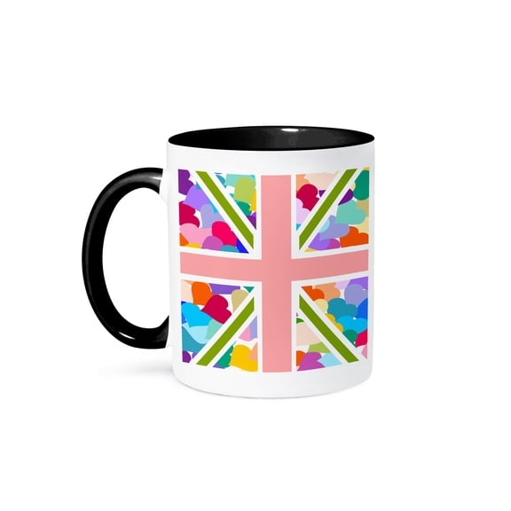 3dRose, Colorful Cute Hearts Pattern Union Jack English Flag - Girly Great Britain United Kingdom England, 11oz Two-Tone Black Mug