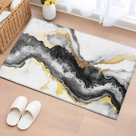 Black Marble Bathroom Rug Washable 2x3 Entryway Rug Non Slip Modern Gradient Abstract Waves Texture Front Door Mat Low Pile Indoor Doormat Throw Floor Carpet for Kitchen Bedroom Entrance