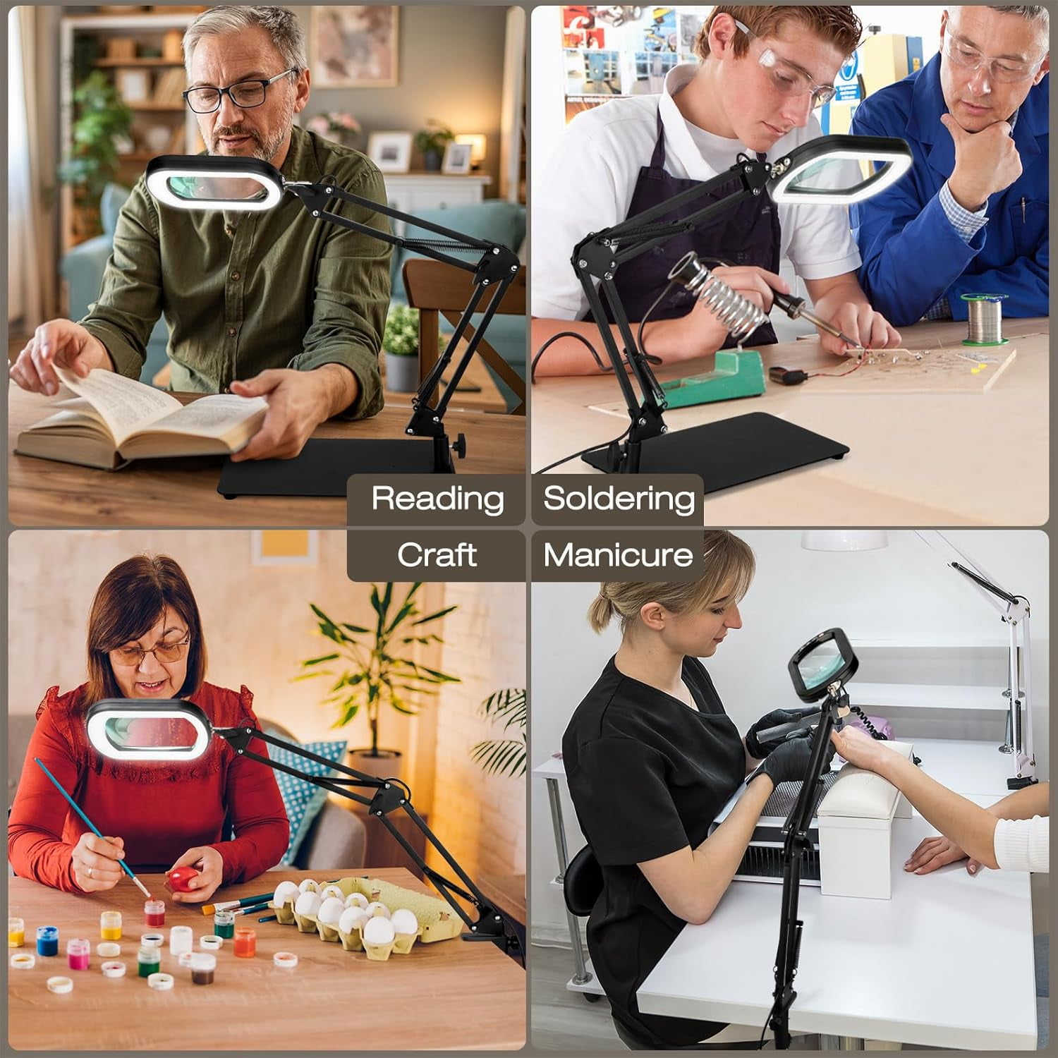LED Magnifying Desk Lamp with Clamp, Square Real Glass Lens, 5 Color Modes Stepless Dimmable, Hands-Free for Reading Craft Hobby Close Work - Black