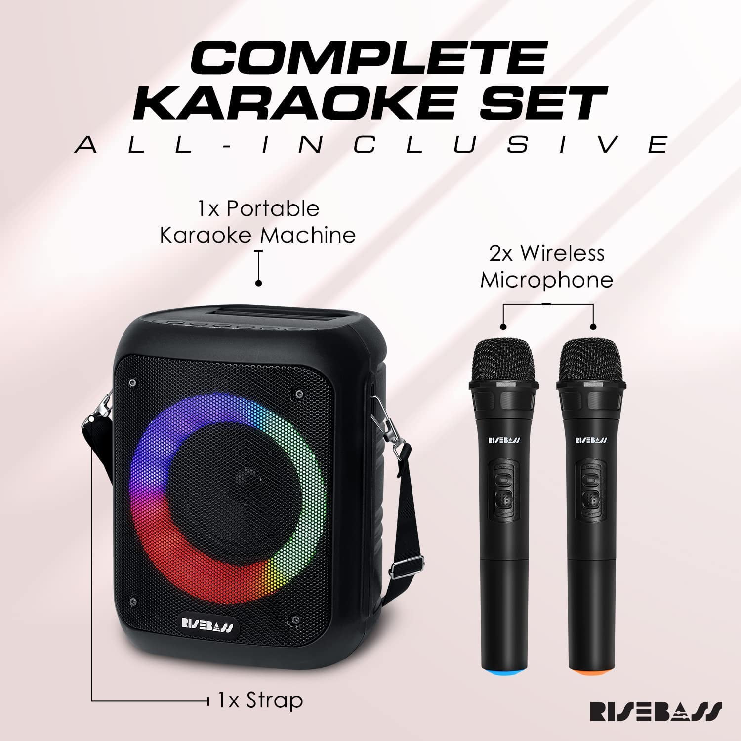 Risebass Portable Karaoke Machine with 2 Wireless Microphones - Bluetooth Rechargeable Speaker with USB/SD/TF Card Support, AUX-in, Voice Record, Tripod Screw Mount and Phone Slot