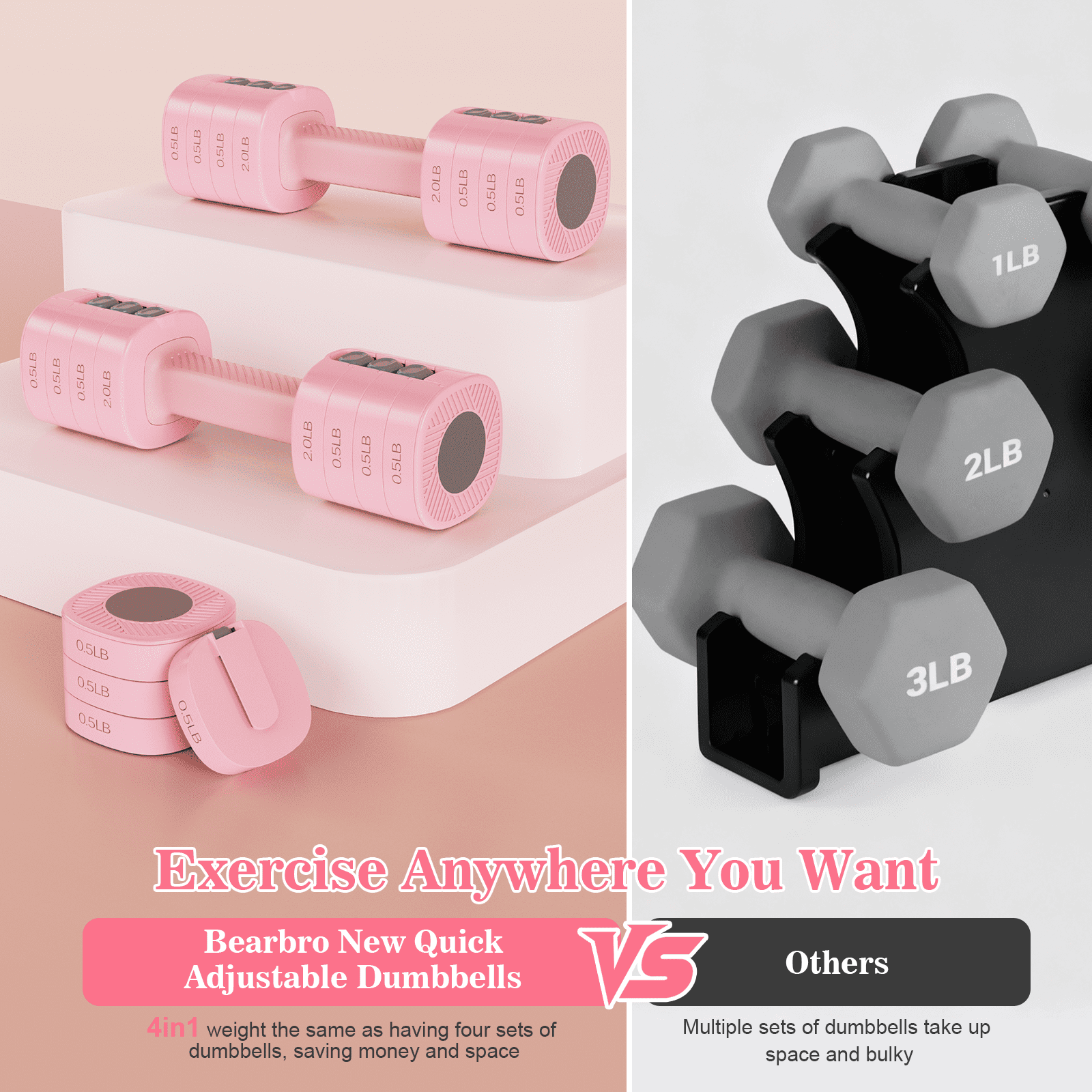 GIKPAL 5lbs*2 Adjustable Dumbbells Set, 4-in-1 Free Weights for Women, Each 2lb 3lb 4lb 5lb Hand Weights for Home Gym, Pink