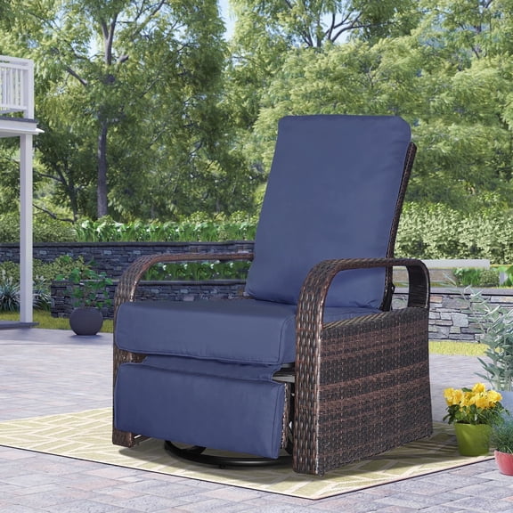 JP OUTDOOR All-Weather Resin Wicker Swivel Rocker Recliner Chair, for Indoor or Patio Outdoor, Navy Blue