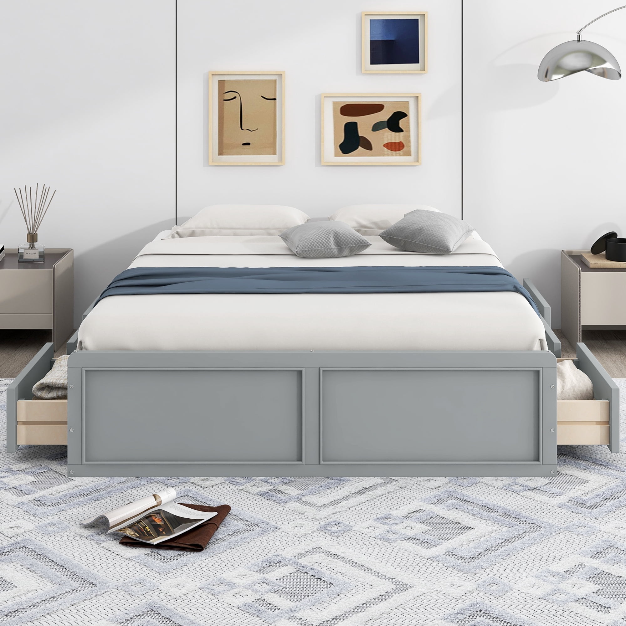 Euroco Wood Queen Size Platform Bed with 6 Drawers, Gray