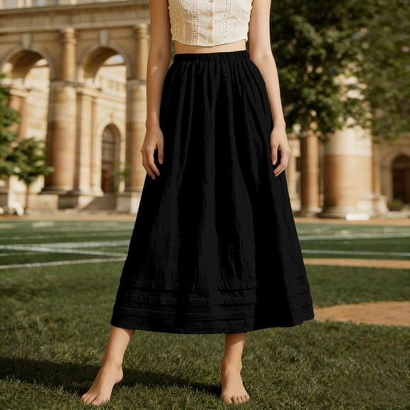 qelini Linen Max Skirt for Women Long Skirt Pocket Elastic High Waist A-line Skirt Solid Color Beach Casual Skirt