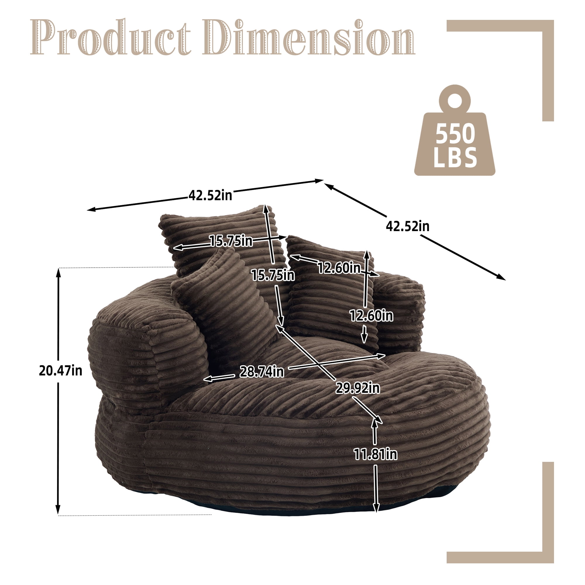 Aukfa 42.5"W Oversized Round Chaise Lounge Chair Indoor, Corduroy Floor Sofa with 3 Pillows, 550 lbs, Coffee