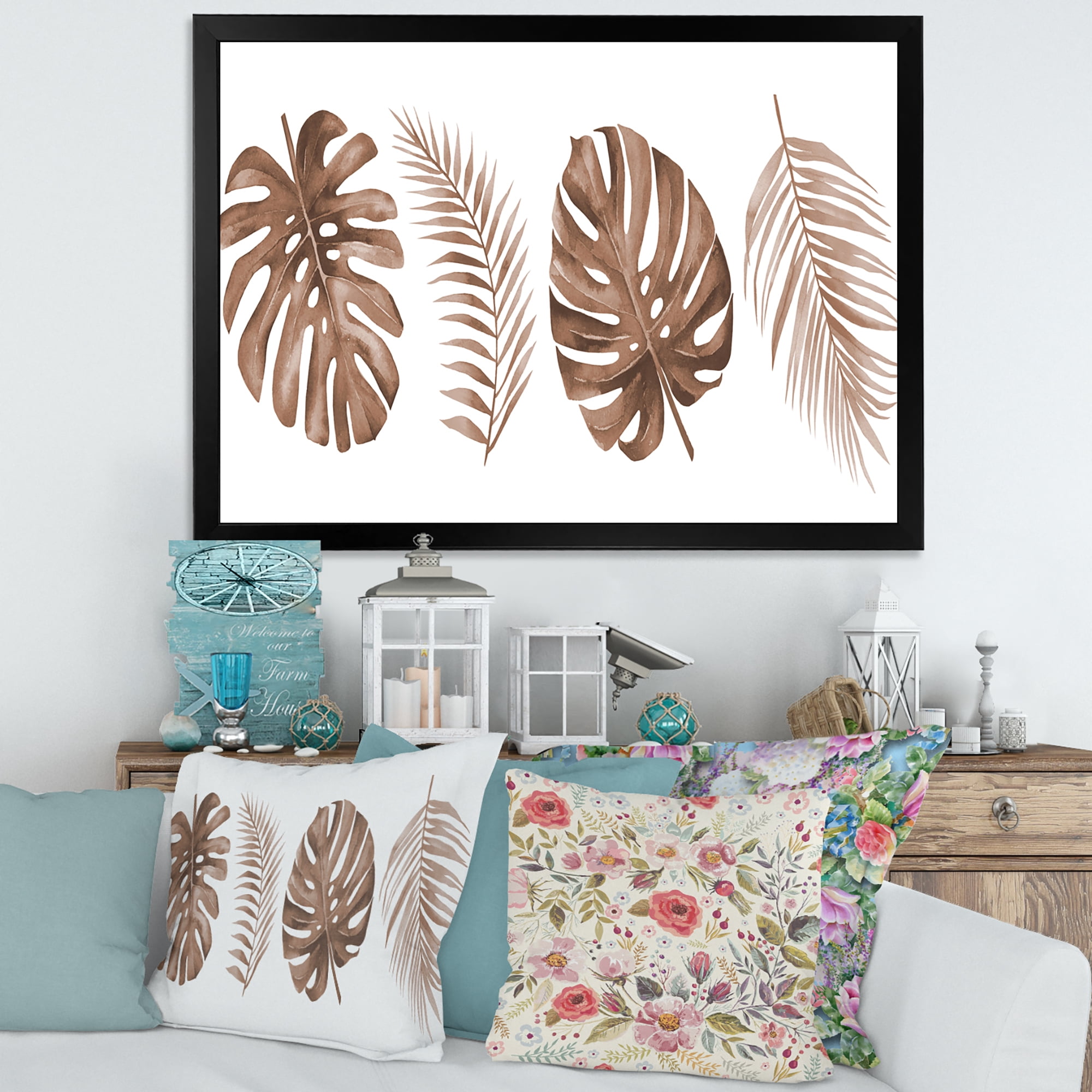 Designart 'Tropical Palm and Monstera Leaf In Terracotta' Traditional Framed Art Print