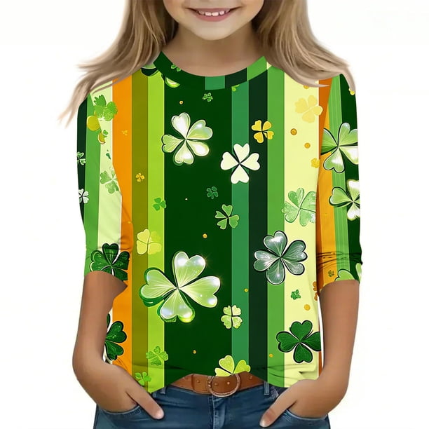 Blusas y camisas de manga larga y cuello redondo para niños, tallas medianas y grandes, informales, con estampado de San Patricio, mangas a ochos y cuello redondo, camisetas para niños.