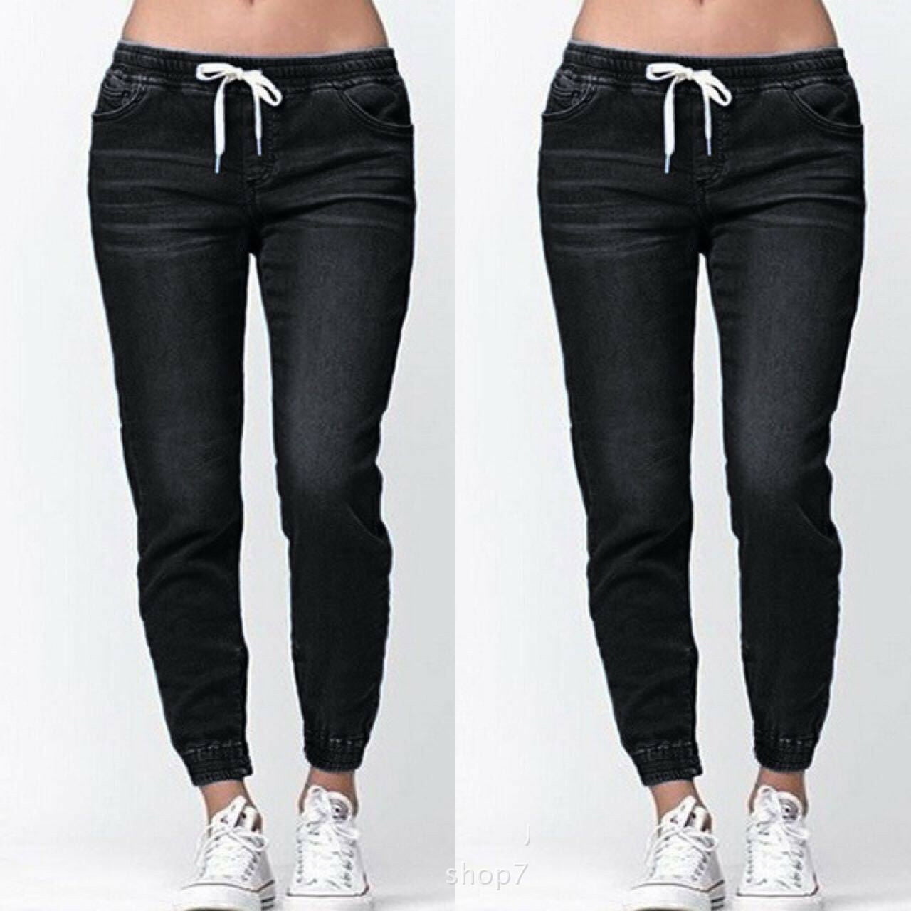 Women' s Mid Rise Skinny Drawstring Elastic Waist Denim Pants Casual