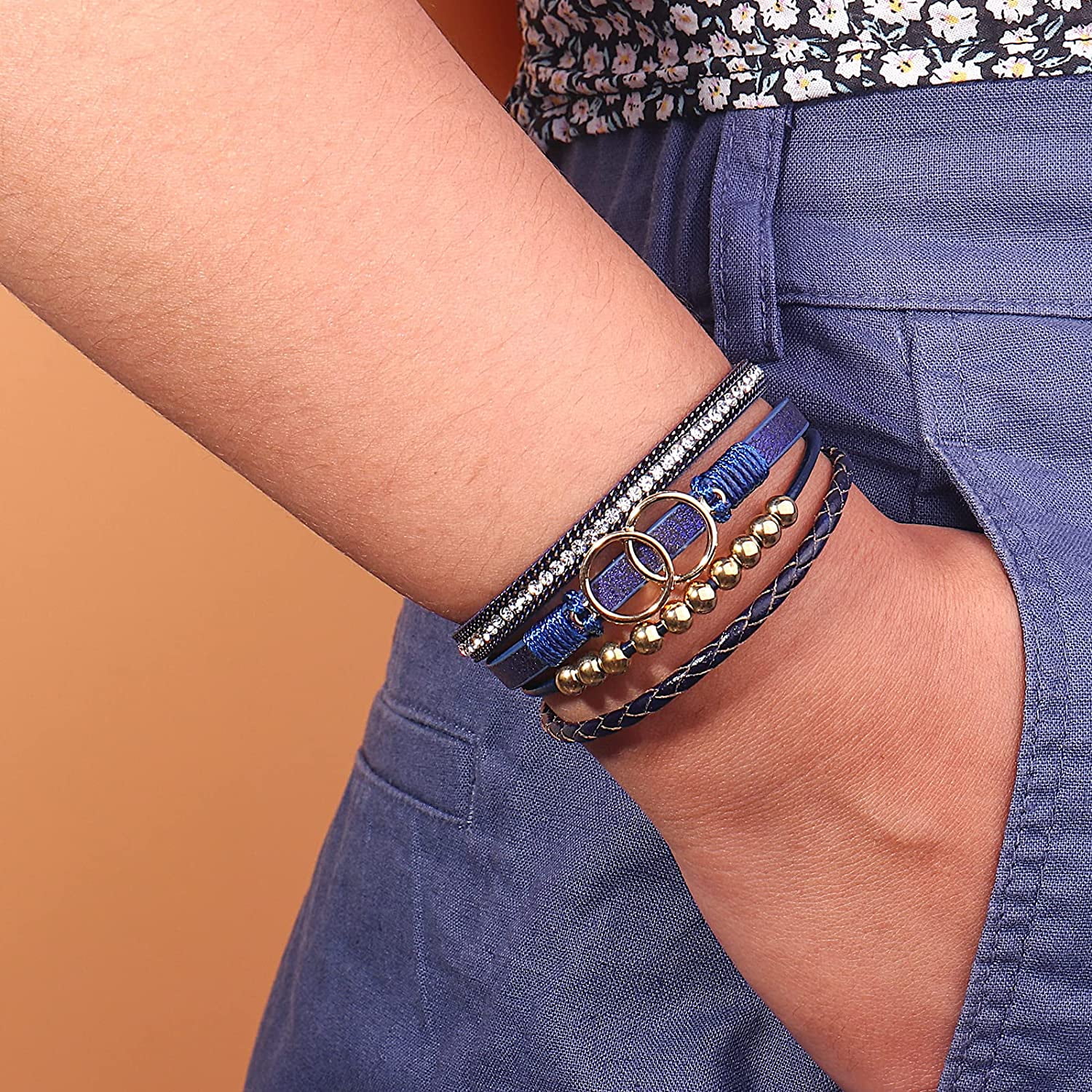 FANCY SHINY Boho Wrap Bracelets Leather Cuff Bangle Gold Beaded Bracelets For Women Stackable Infinity Bracelets Jewelry