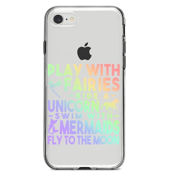 DistinctInk Clear Shockproof Hybrid Case for iPhone 7 8 SE (2020 Model) 4.7" Screen TPU Bumper Acrylic Back Tempered Glass Screen Protector - Play With Fairs Ride Unicorn Mermaids Moon