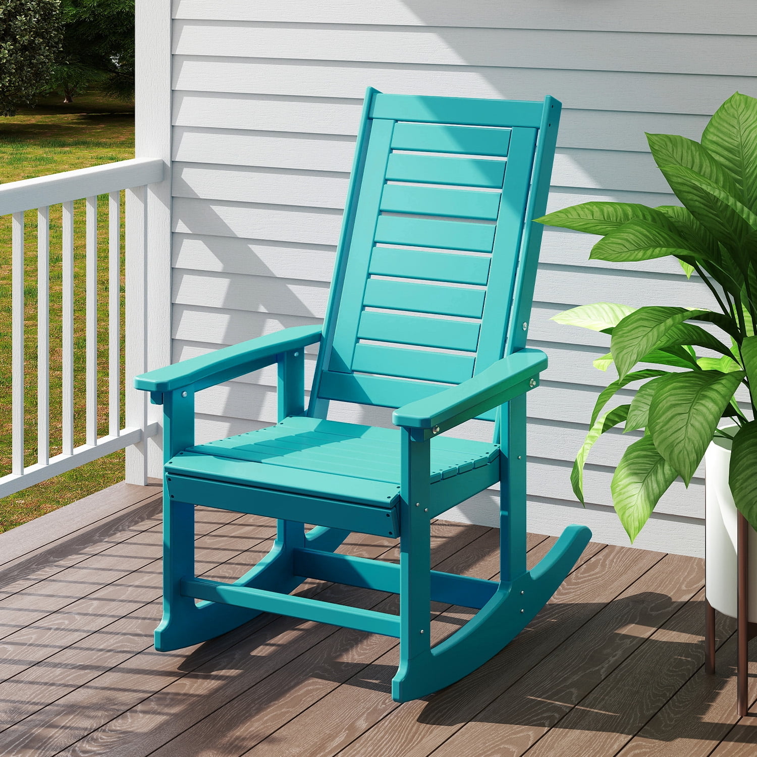FODINGHILL Outdoor Rocking Chair Set of 4,HDPE Oversized Rocking Chair Outdoor,High Back Rocking Patio Chairs for Porch Garden Balcony,Aqua