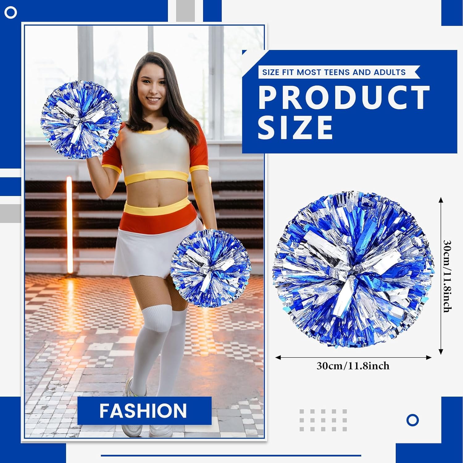 Cheerleader Pom Poms 12 Pack Sports Dance Cheering Plastic Metallic Cheerleading Pom Poms for Kids Adults-Ring Style
