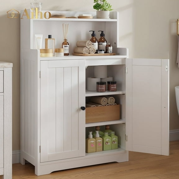 Aiho Bathroom Storage Cabinet, Bathroom Floor Cabinet with 2 Doors, 2 Adjustable Shelves, Freestanding, for Dining Room, Kitchen, Living Room - Cloud White
