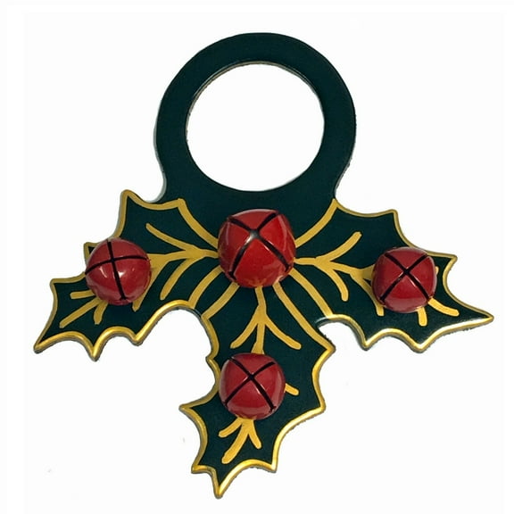 Christmas Holly with Red Bells Leather Sleigh Bell Door Knob Hanger Made in USA