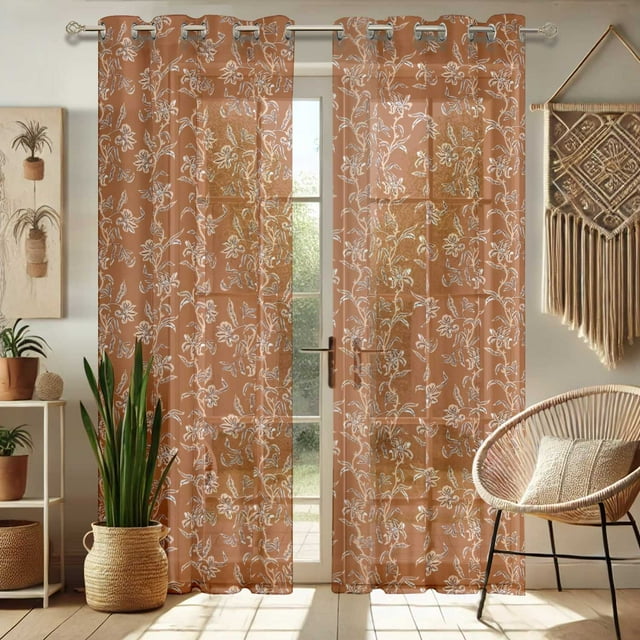 Vargottam Leaves Pattern Extra Long Sheer Curtains for Double Height Windows & Doors Set of 2 Panels, 108" Length, Grommet Top, Light Filtering Printed Georgette Drapes