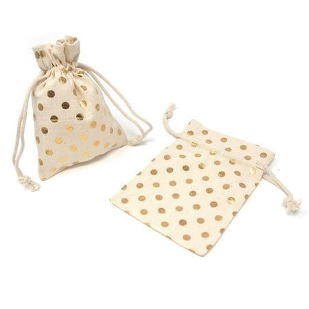 Printed Cotton Favor Pouch Bags, 3-1/2-Inch x 5-Inch, 12-Count, Metallic Gold Dots