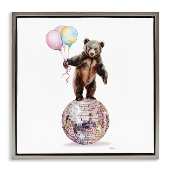 Stupell Industries Bear & Balloons Disco Animals Painting Gray Floater Framed Canvas Art Print Wall Art, 18 x 18
