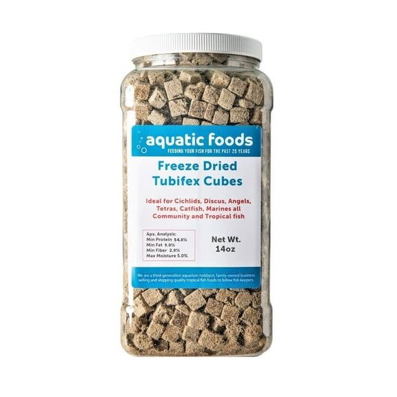 Tubifex Worms--Freeze Dried Floating Tubifex Worm Cubes for All Tropical Fish, Marine Fish, Discus, Cichlids, Koi & Pond Fish, Turtles…14oz Lg Jar