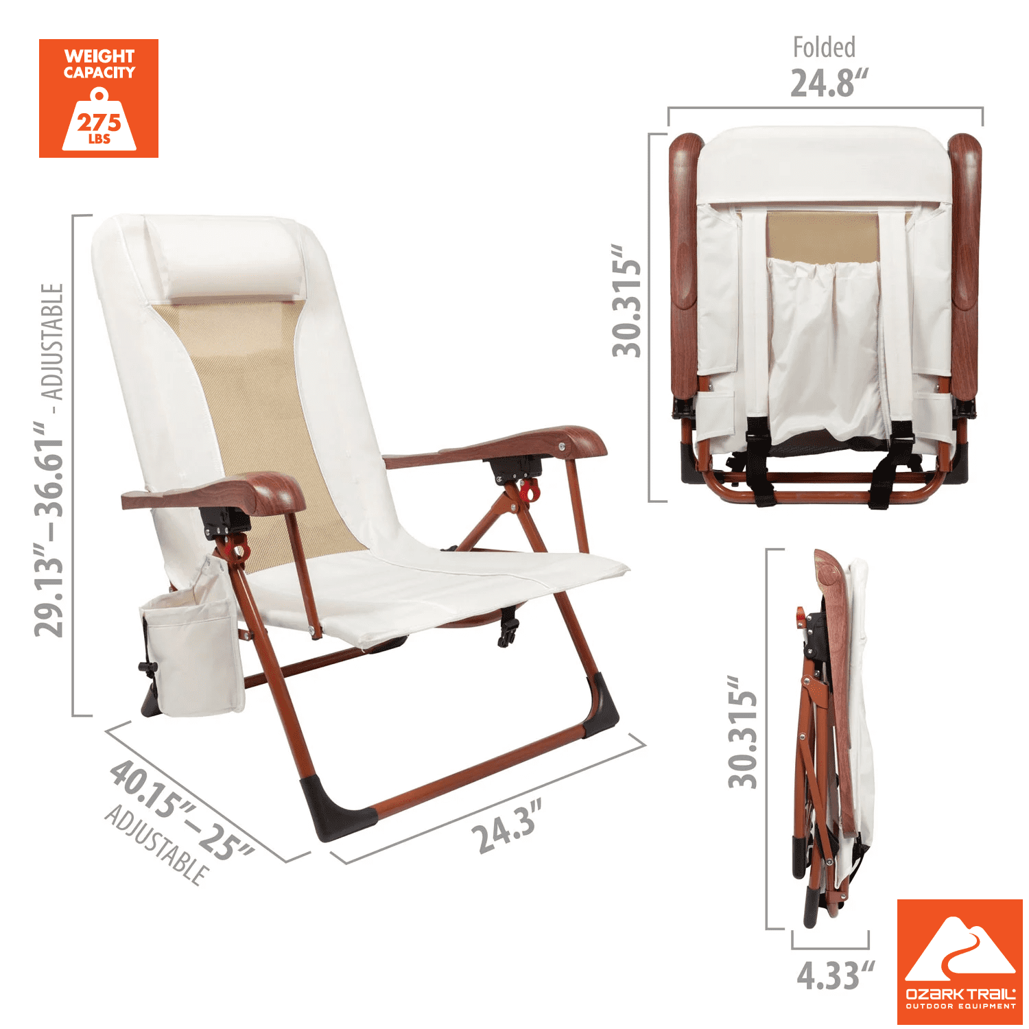(2 pack) Ozark Trail Low Profile Reclining Glamping Chair for Adults - Vanilla Dream Fabric