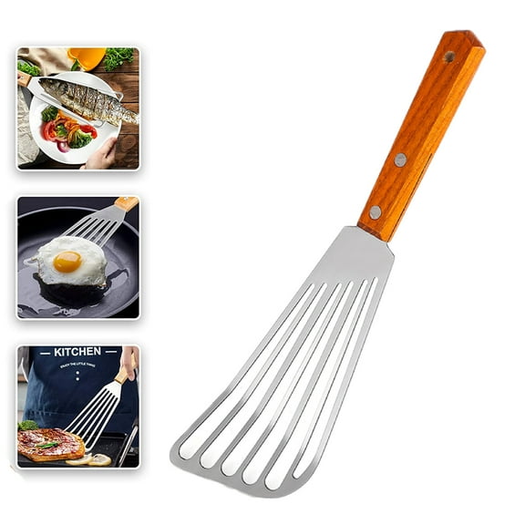 D-GROEE Wooden Handle Fish Spatula, Stainless Steel Nonstick Slotted Serving Turner, Kitchen Steak Metal Cookie Flipper for Frying, Flipping, Turning, Scooping, Grilling