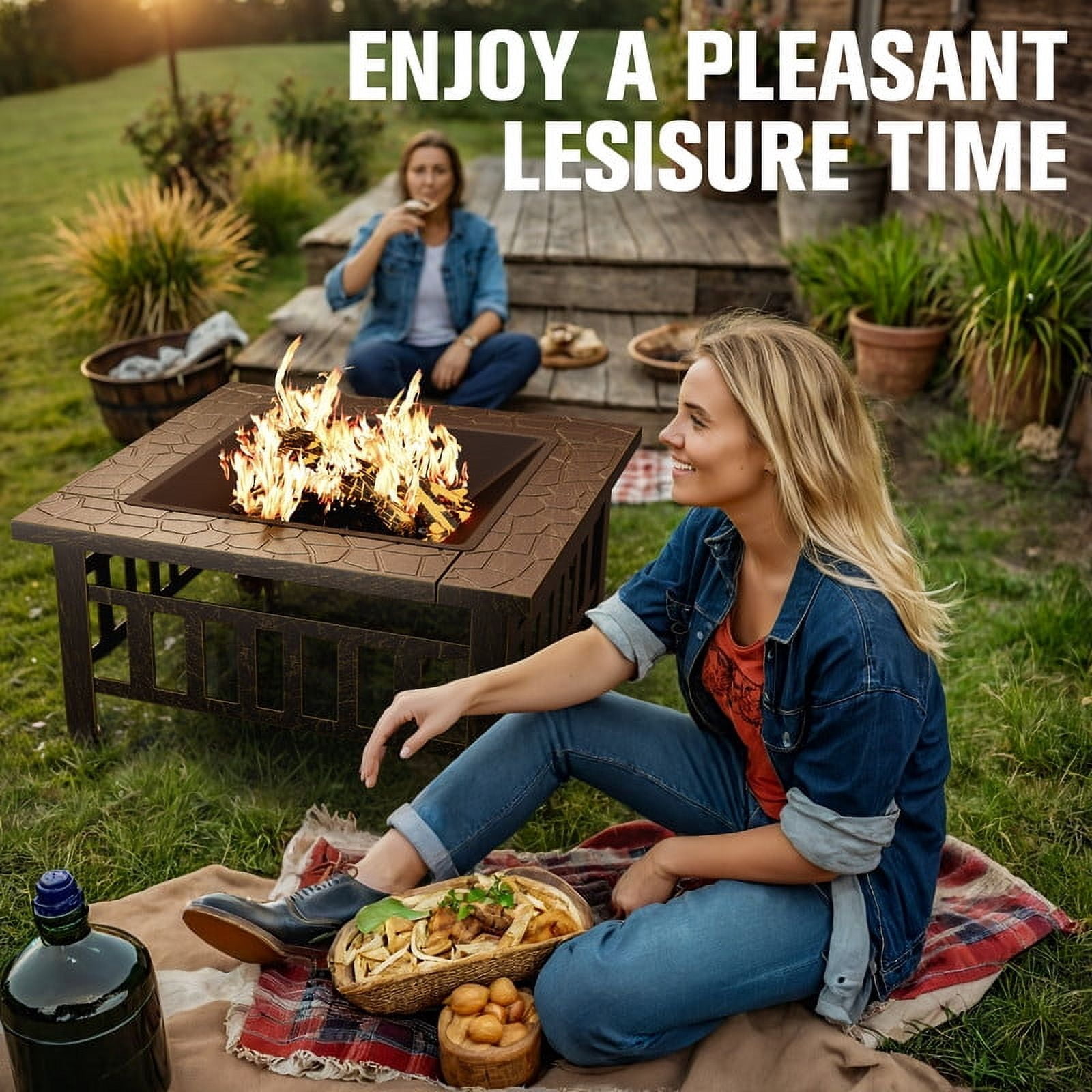 Devoko Outdoor 32" Square Metal Fire Pit with Cover and Poker, Gold