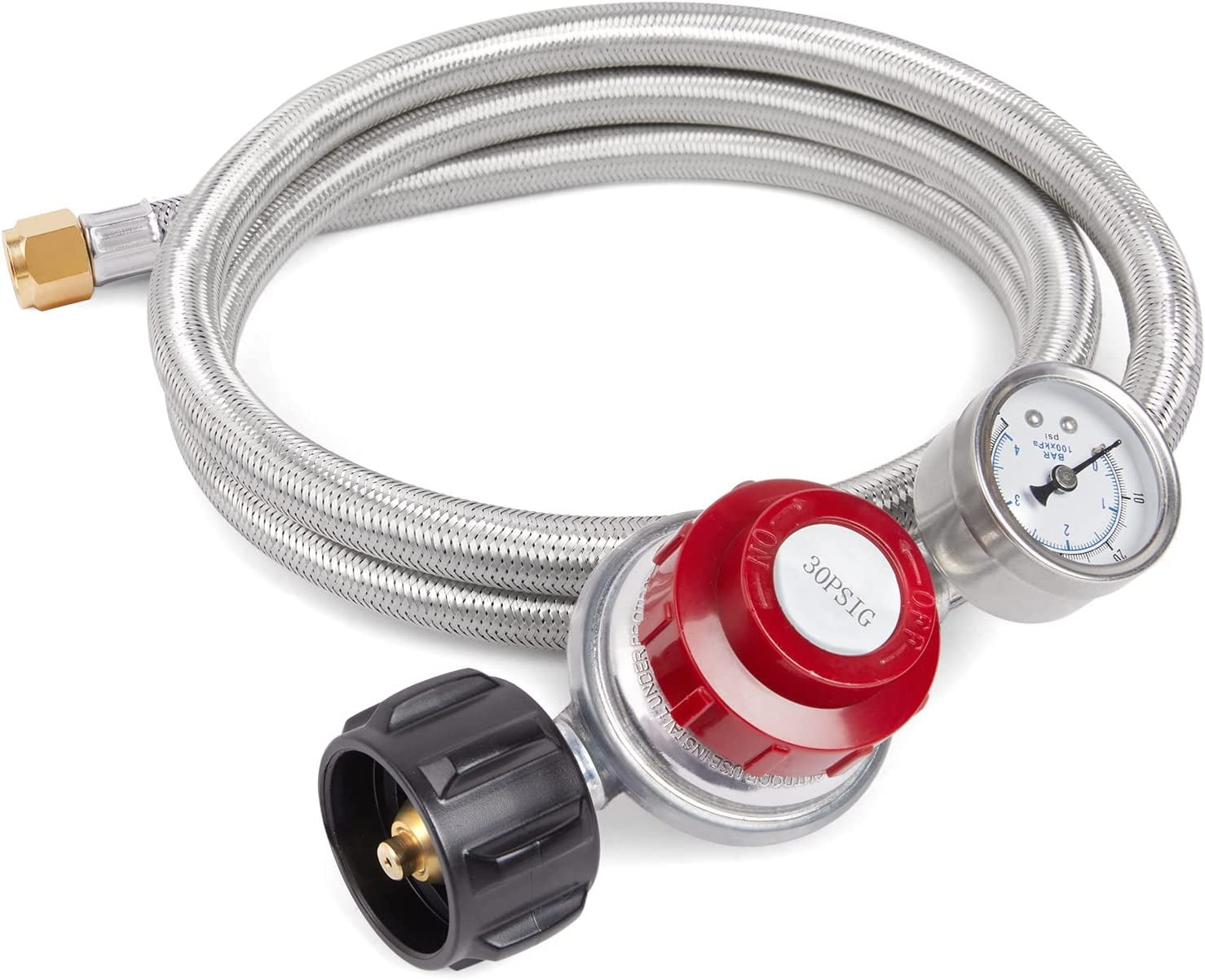 5ft 0-30 PSI Adjustable High Pressure Propane Regulator with Gauge Stainless Braided Hose for Turkey Fryer, Grill, Gas Burner, Fire Pit