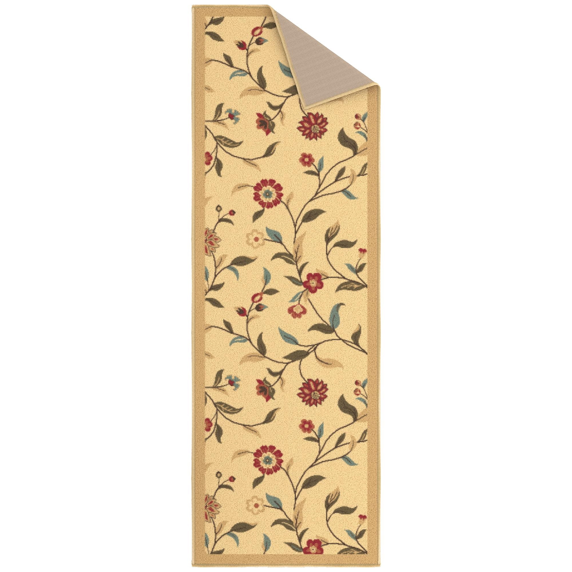 Ottomanson Floral Bathroom Runner Rug 20" x 53" - Non Slip Low Pile Carpet, Beige