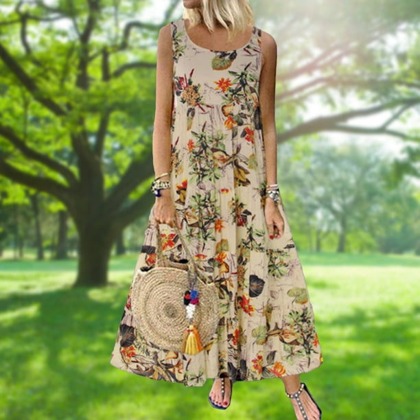 Vestido Sin Mangas Vestidos de playa de verano Vestidos sueltos con estampado floral de moda para el trabajo (naranja M) Cgtredaw Para estrenar