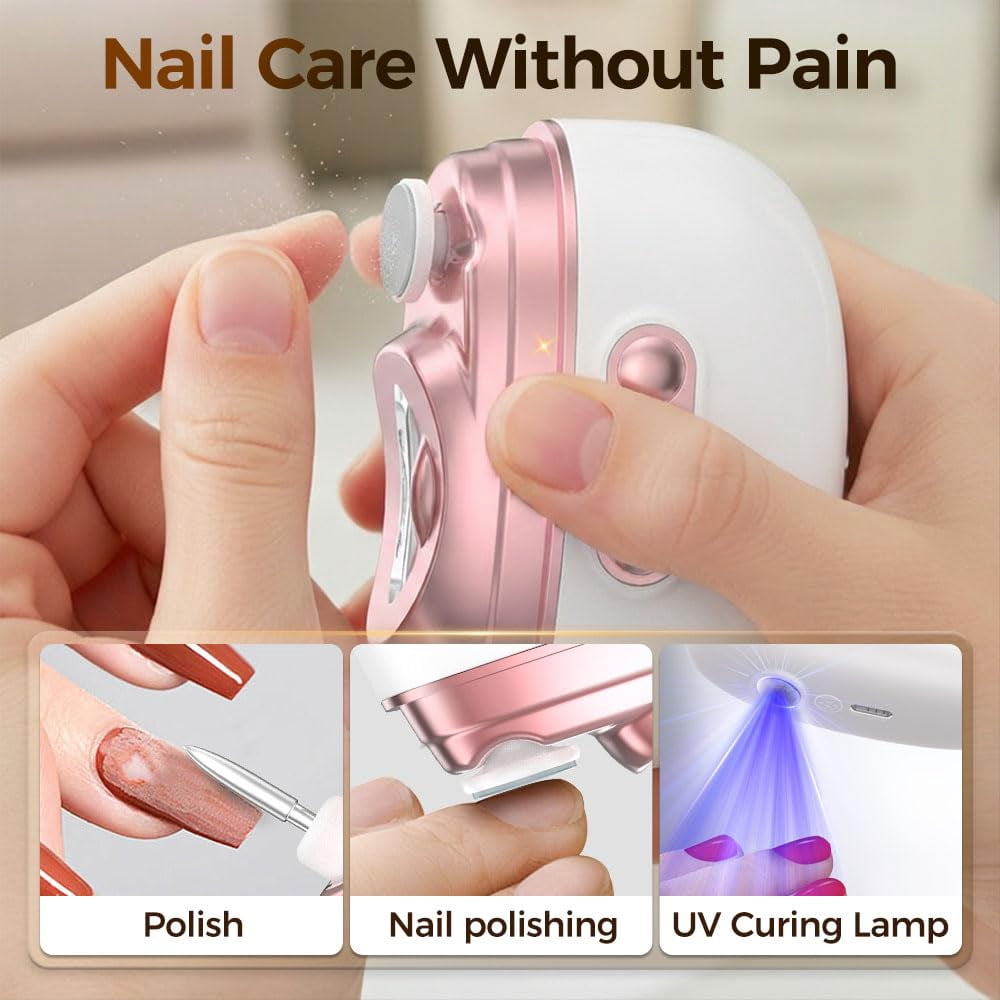 Electric Nail Clipper 4 in 1 Automatic Nail Trimmer with File Polishing UV Light, 2 Speed Rechargeable Nail Cutter with LED for Adults Kids Seniors, Baby Safe Manicure Tool(wwx)