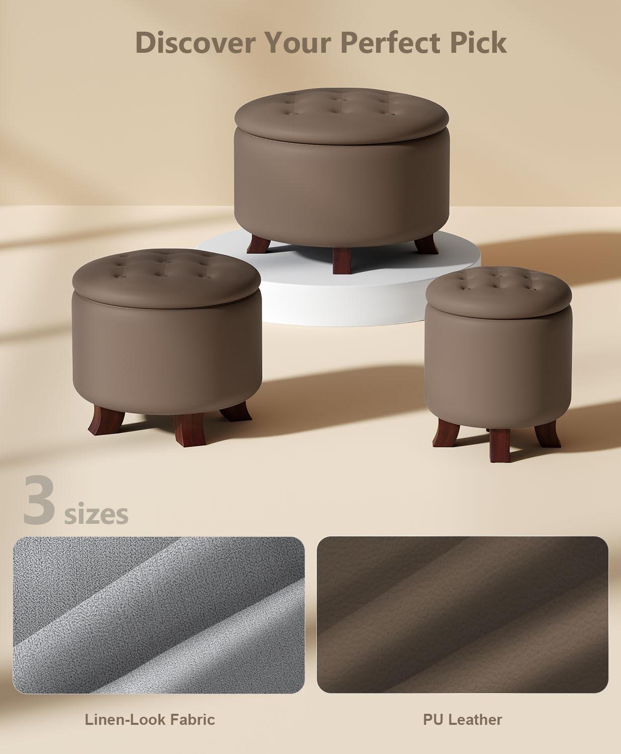 OSM Ottoman,Round Leather Foot Rest Stool, Upholstered Large Ottoman Chair with Storage for Living Room & Bedroom, Decorative Home Furniture, Brown