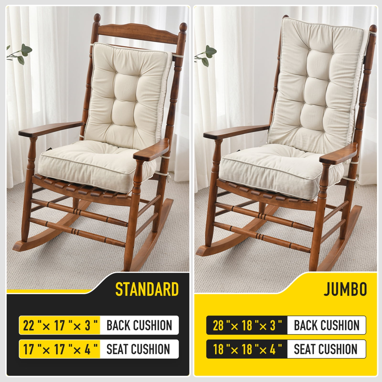 SUNROX Memory Foam Non Slip Rocking Chair Cushion, Set of Seat & Back Cushion with Ties for Indoor/Outdoor Rocker, FadeShield Water Resistant Thicken Durable Tufted Pads, 2 Piece, Cream