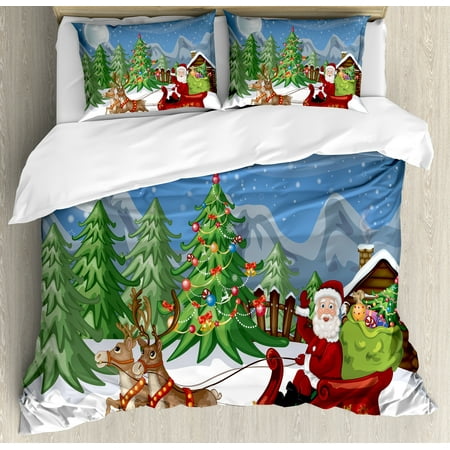 Country Duvet Covers Set Christmas King Size Duvet Cover Set, Country Landscape at Night with Trees Santa Claus Snowdrift Reindeers Mountains, Decorative 3 Piece Bedding Set with 2 Pillow Shams, Multicolor, by Ambesonne ()