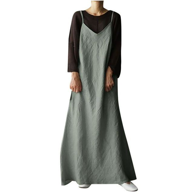 Robe Maxi pour Femmes à Col en V à Bretelles Spaghetti en Coton et Lin, Robe Nuisette Unie Sans Manches, Décontractée, Ample, Longue d'Été