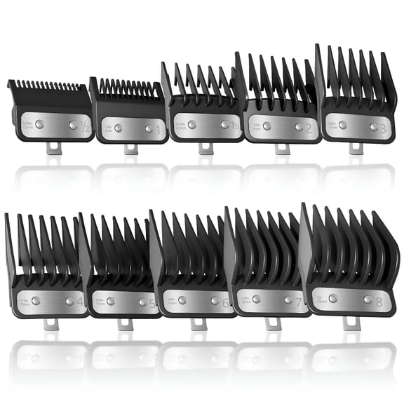 TUWAFE 2026 New 10Pcs Clipper Guards Set with Metal Clip, Professional Hair Clipper Guards Cutting Guides Compatible with Most Clippers From 1/16" to 1" (Black)