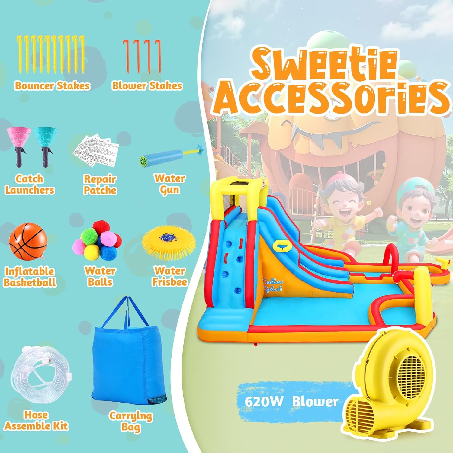 Veeboto Inflatable Water Slide with 620W Blower, Bounce House for Big Kids with Slide, Pool, Shower Area, Climbing Wall, Water Cannon, Basketball Frames, Inflatable Dual Slide for Outdoor & Indoor