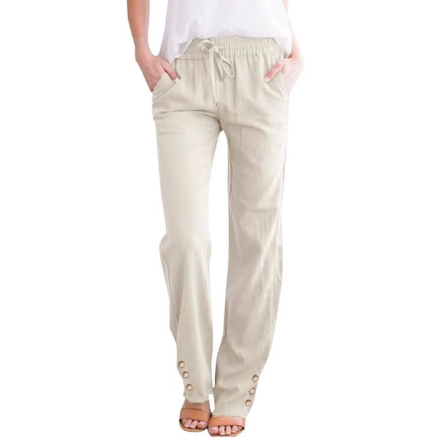 asjyhkr Womens Linen Pants Drawstring Elastic Waist Button Straight Leg Casual Hiking Trousers with Pockets