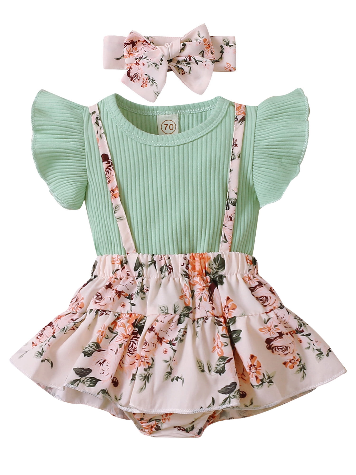 Newborn Baby Girl Solid Ribbed Ruffled Romper+Floral Daisy Skirt Outfit 3PCS Set 